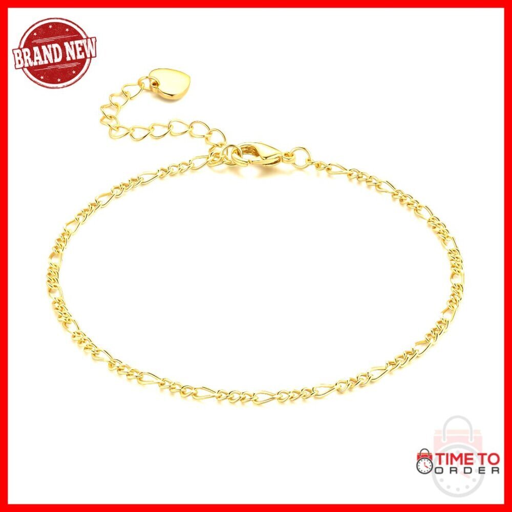 14K Gold Plated Figaro Chain Bracelet, Adjustable, Dainty 2.2mm
